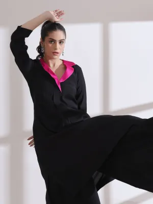 1 Pc- Airskin Black Kurta With Fuchsia Gold Point Collar Kurta