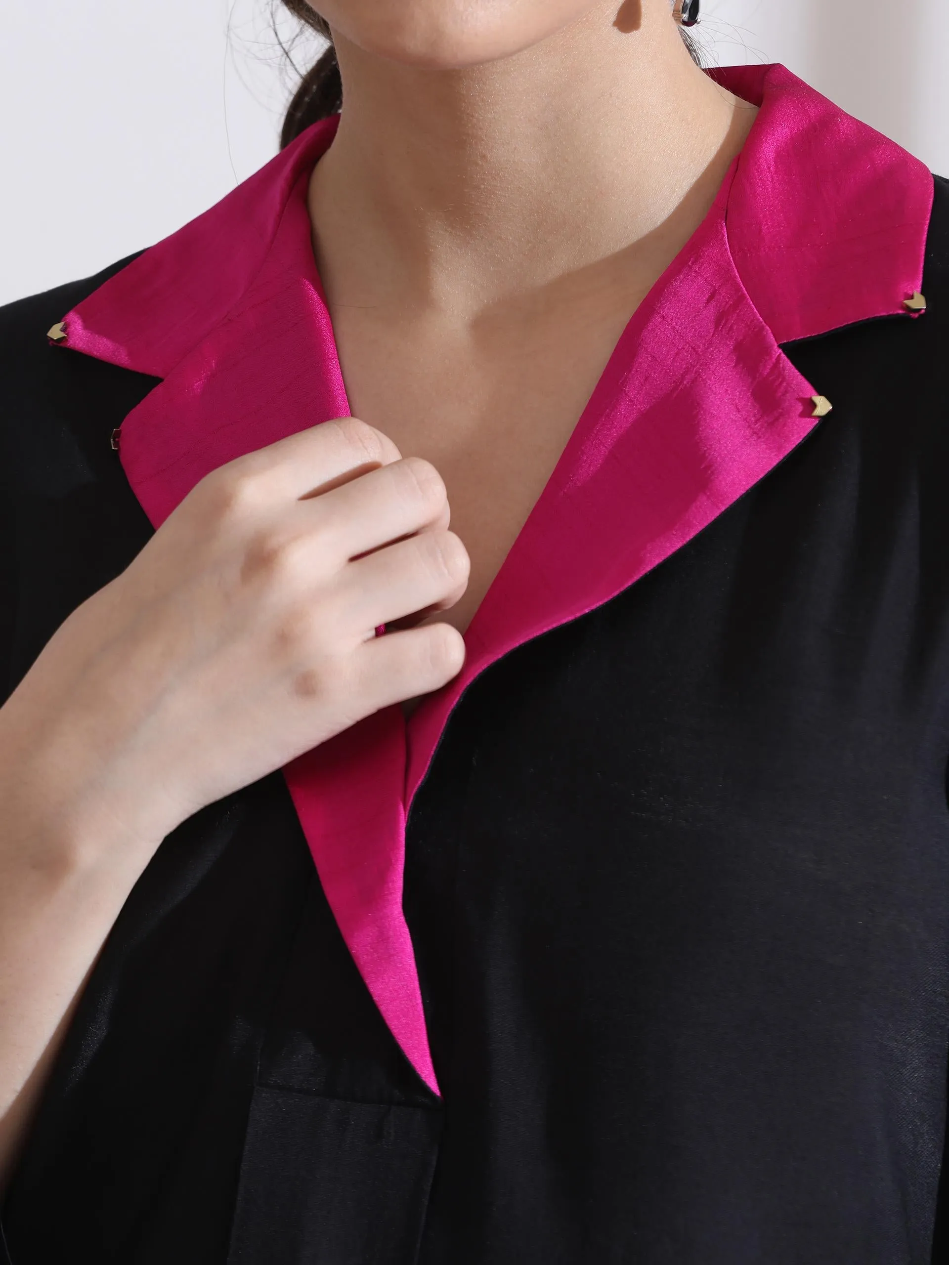 1 Pc- Airskin Black Kurta With Fuchsia Gold Point Collar Kurta