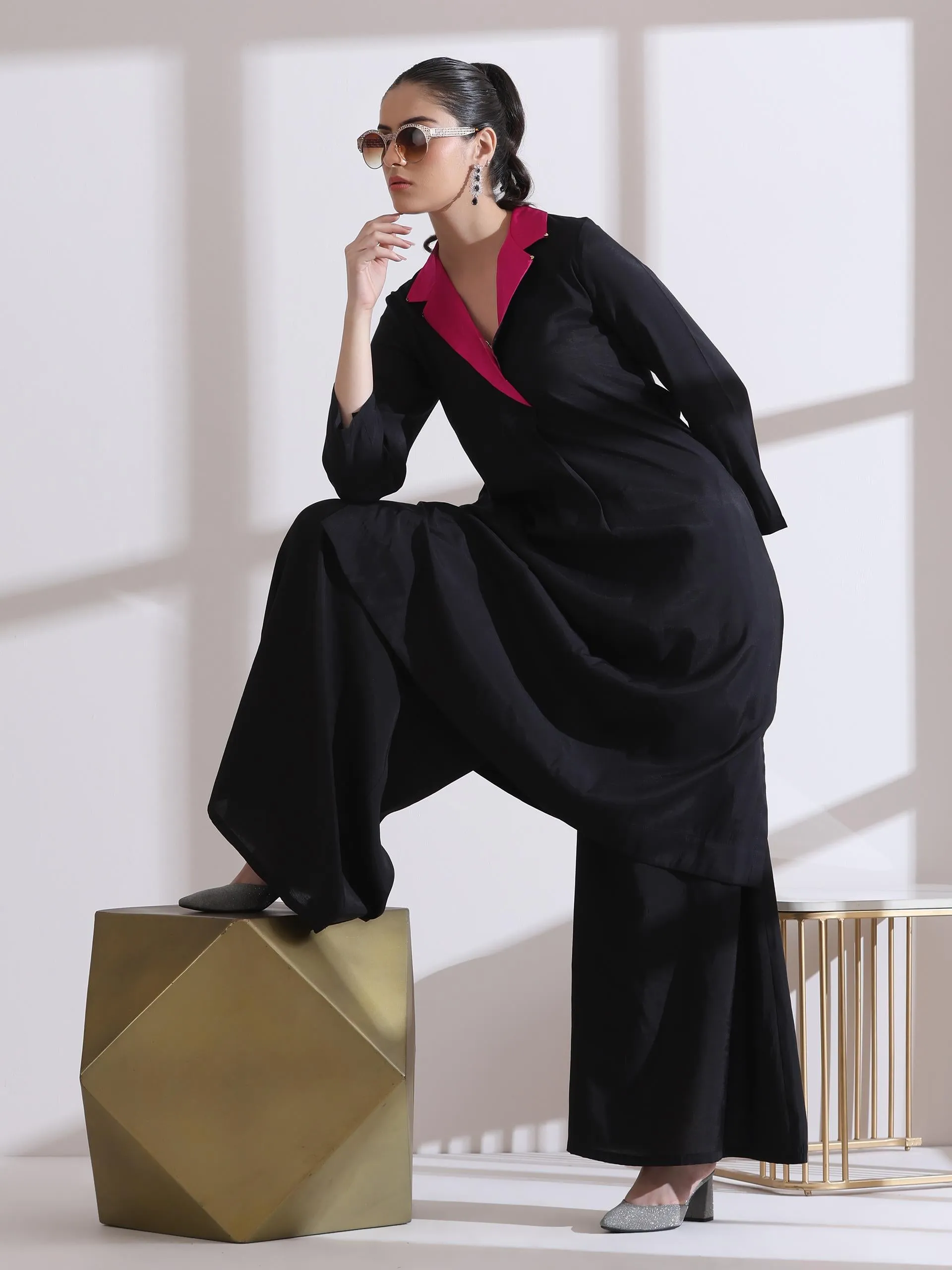 1 Pc- Airskin Black Kurta With Fuchsia Gold Point Collar Kurta