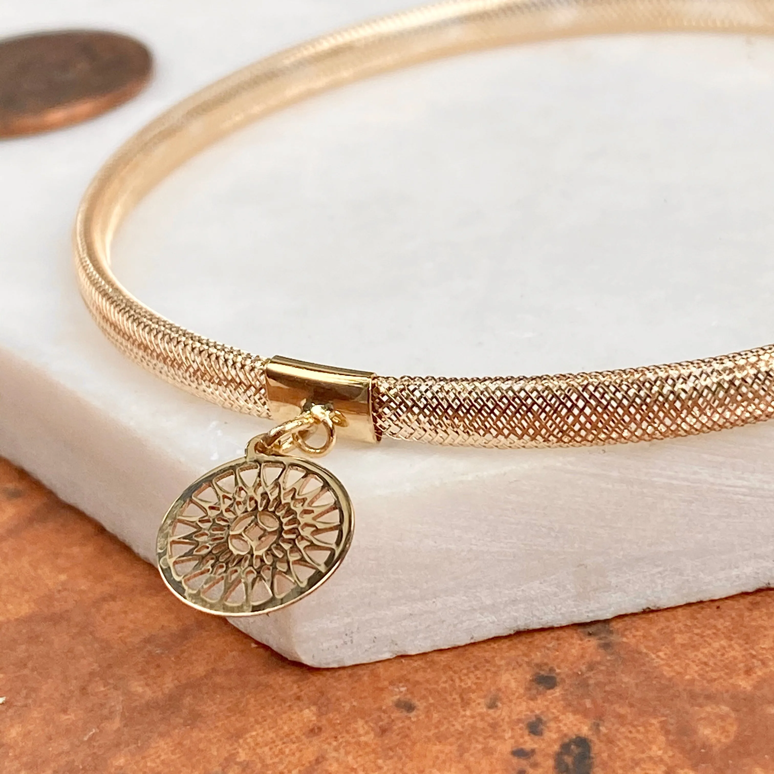 14KT Yellow Gold Stretch Mesh Bracelet with Sun Charm