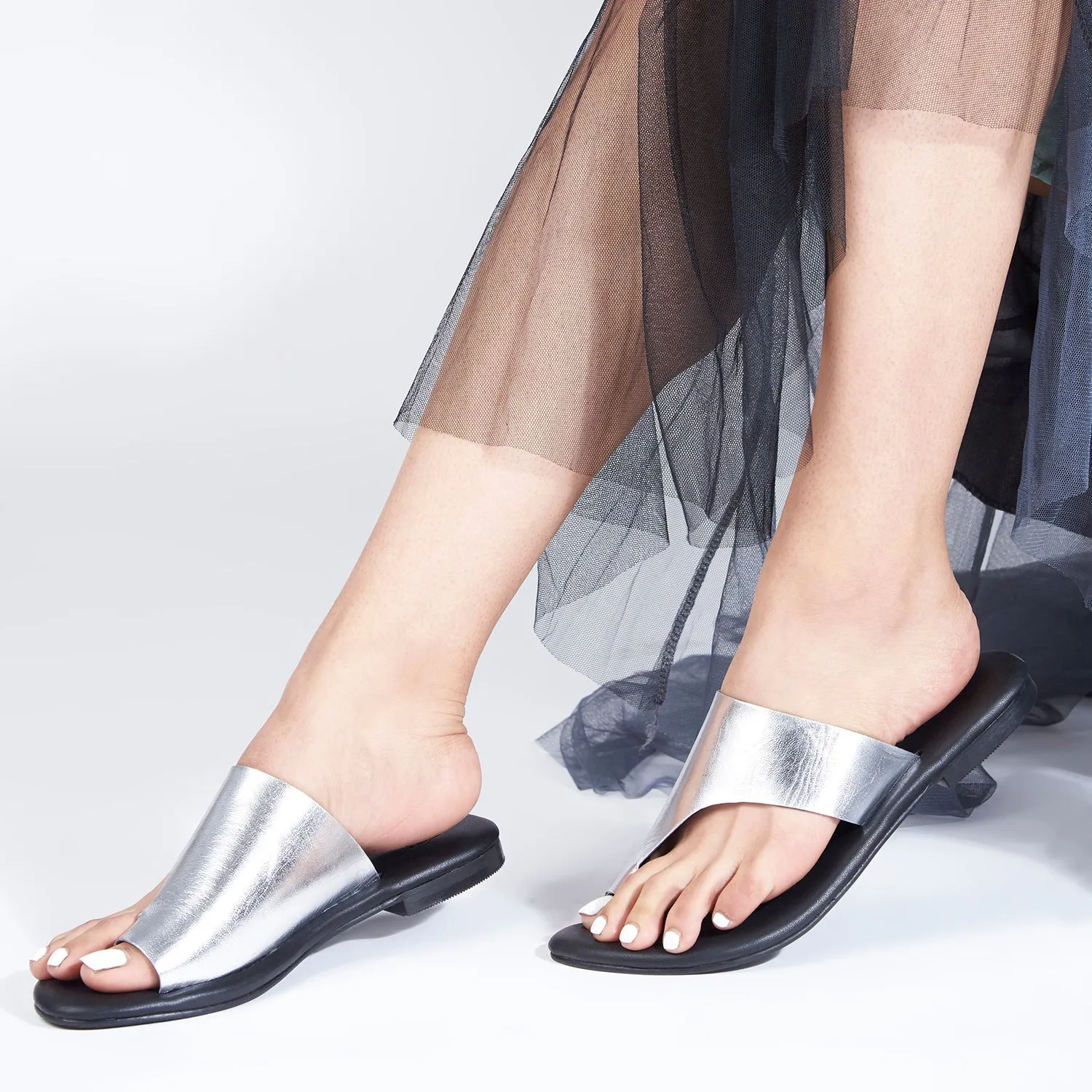 Amalfi Silver Flat Sandals For Women