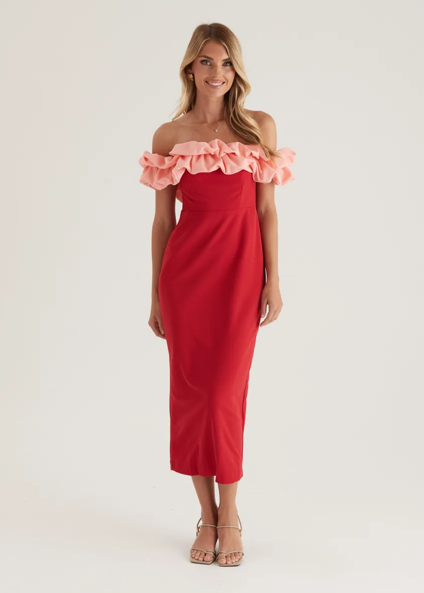 Ashlynn Off Shoulder Midi Dress - Cherry Splice