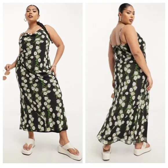 Asos Chiffon Cowl Neck Maxi Slip Dress Plus Size 16 1X Black Floral Print