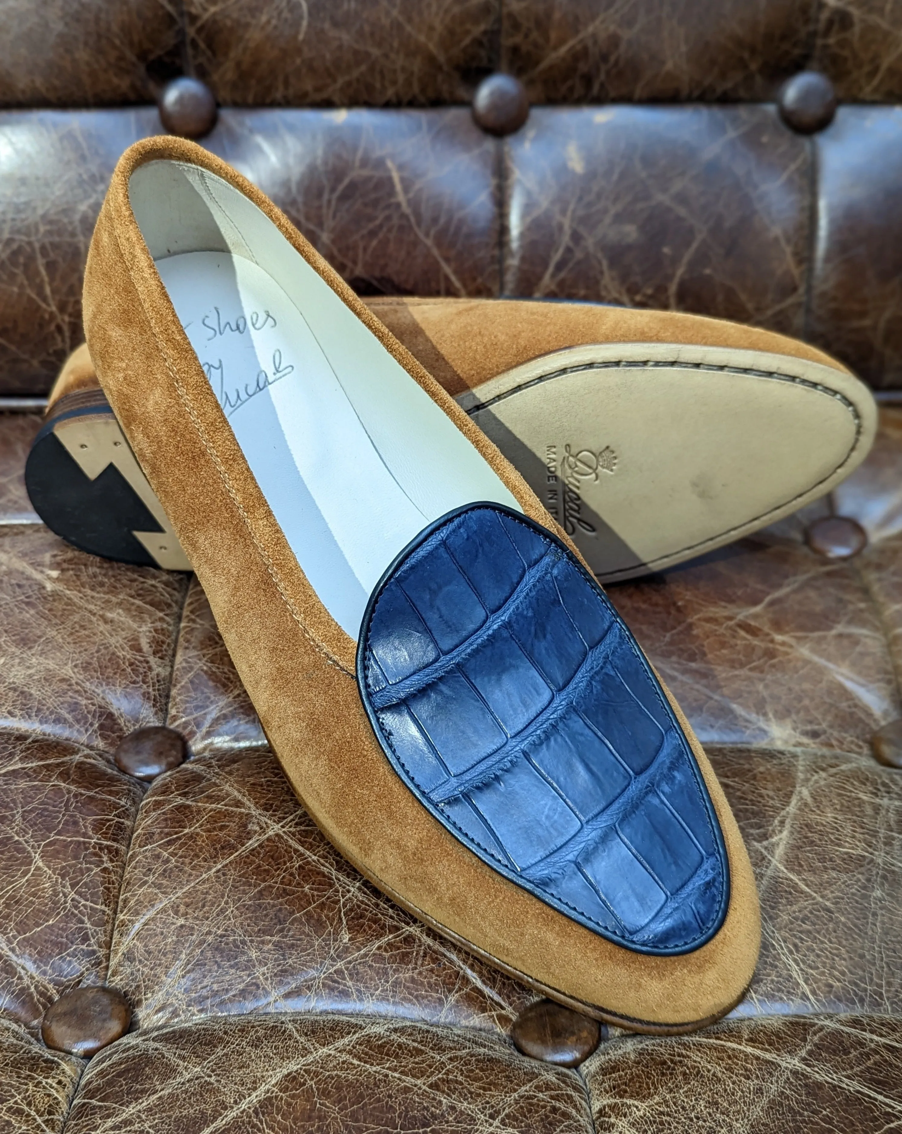 Belgian Loafer - Blue Croc & Tan Suede, UK 8