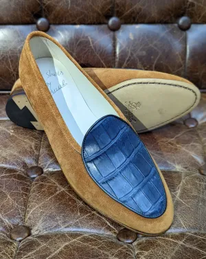 Belgian Loafer - Blue Croc & Tan Suede, UK 8