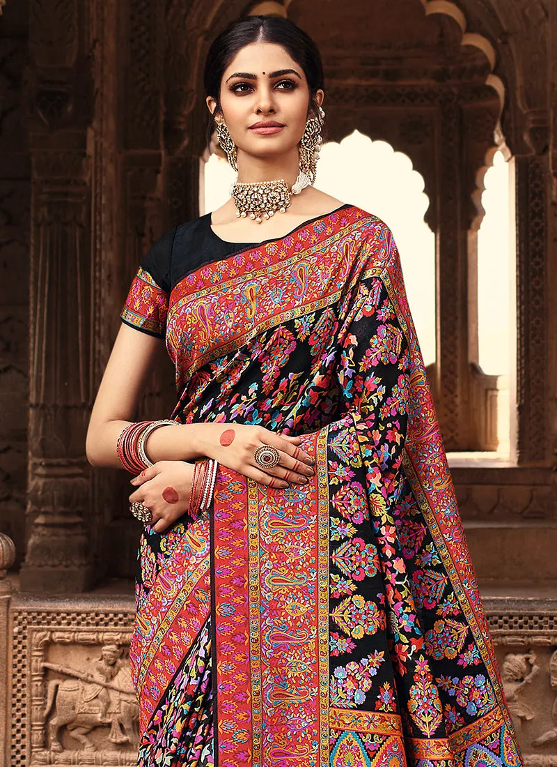 Black Red Multi Traditional Motifs Detailed Banarasi Kora Silk Saree