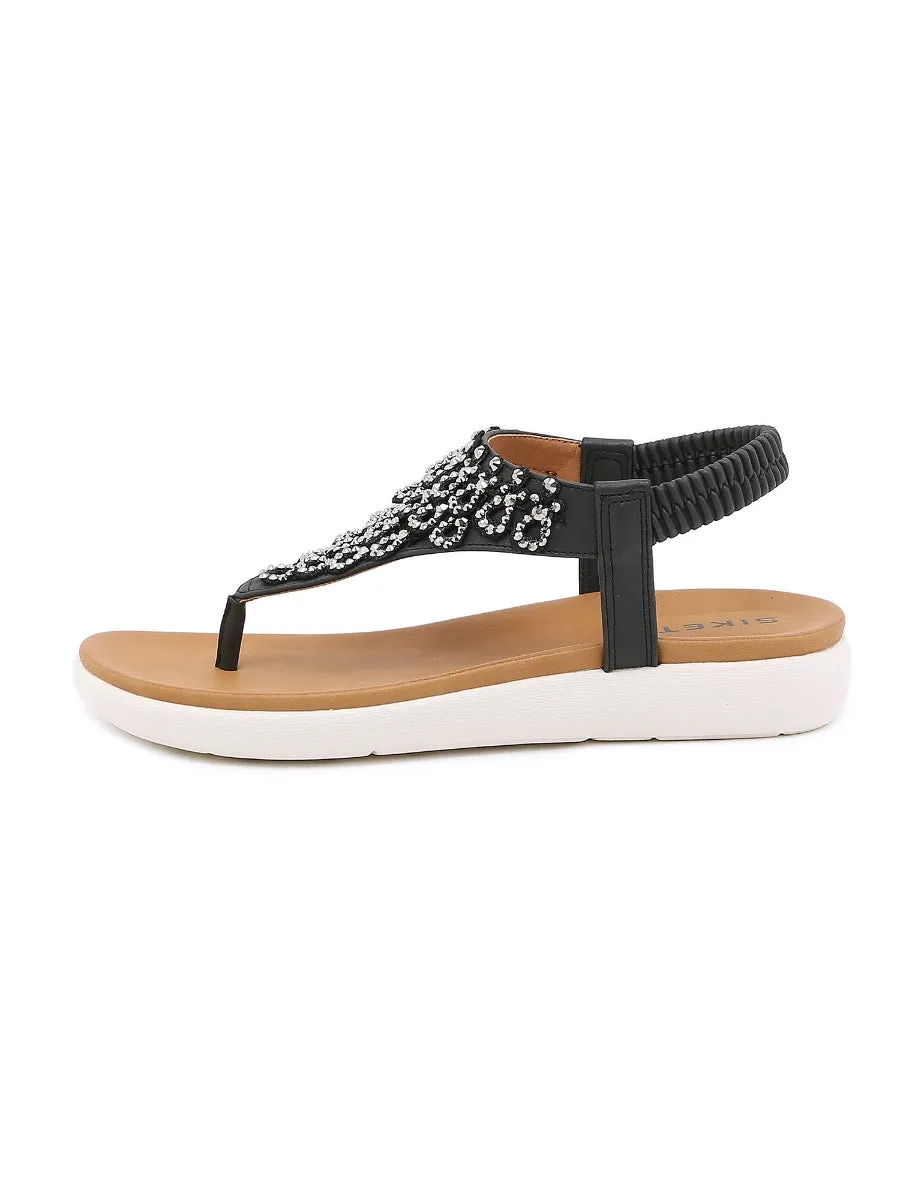 Black V-Strap Rhinestone Sandal