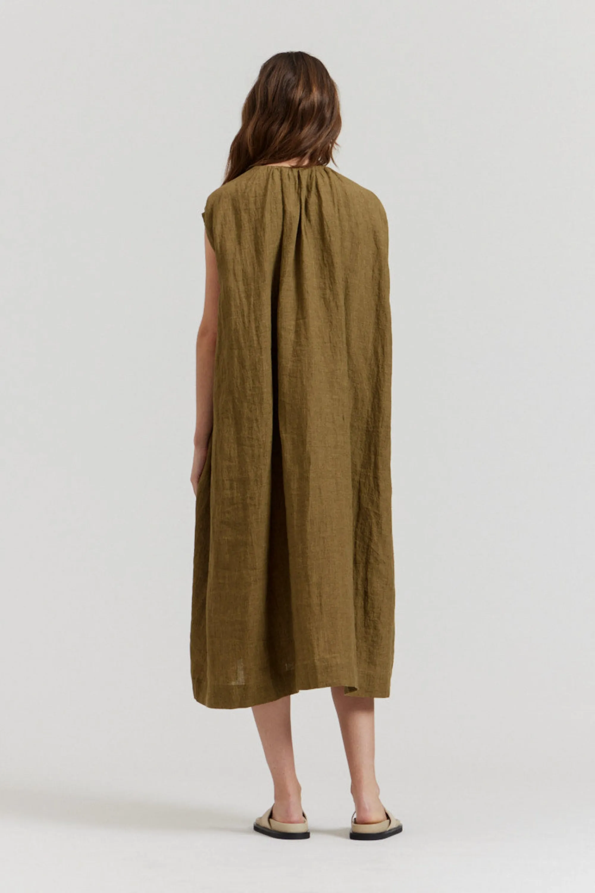 Boxy Linen Midi Dress in Fatigue
