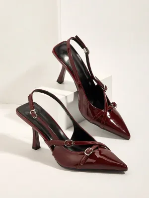 Burgundy Cross Strap Buckle Stiletto High Heel Sandals With Pointed Toe For Wedding Party