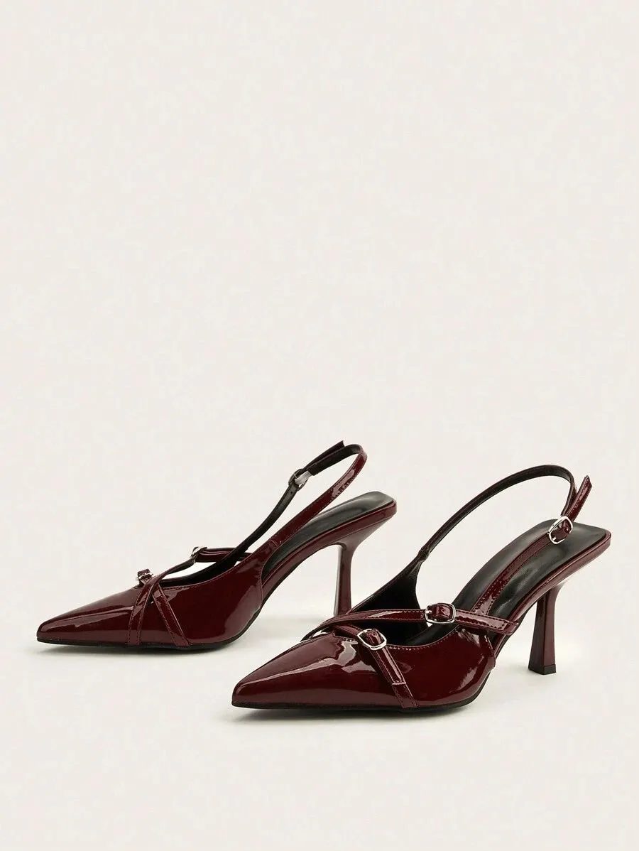 Burgundy Cross Strap Buckle Stiletto High Heel Sandals With Pointed Toe For Wedding Party