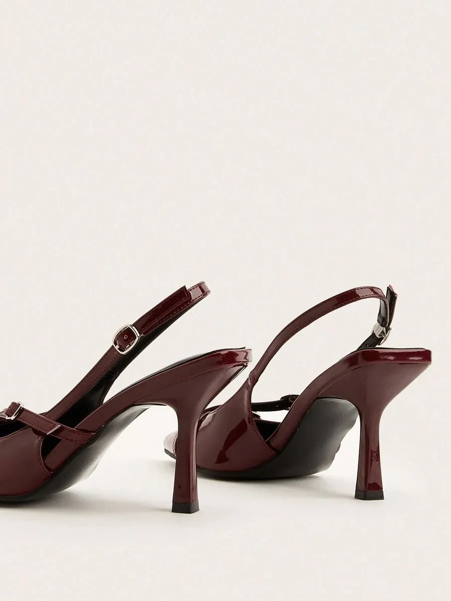 Burgundy Cross Strap Buckle Stiletto High Heel Sandals With Pointed Toe For Wedding Party
