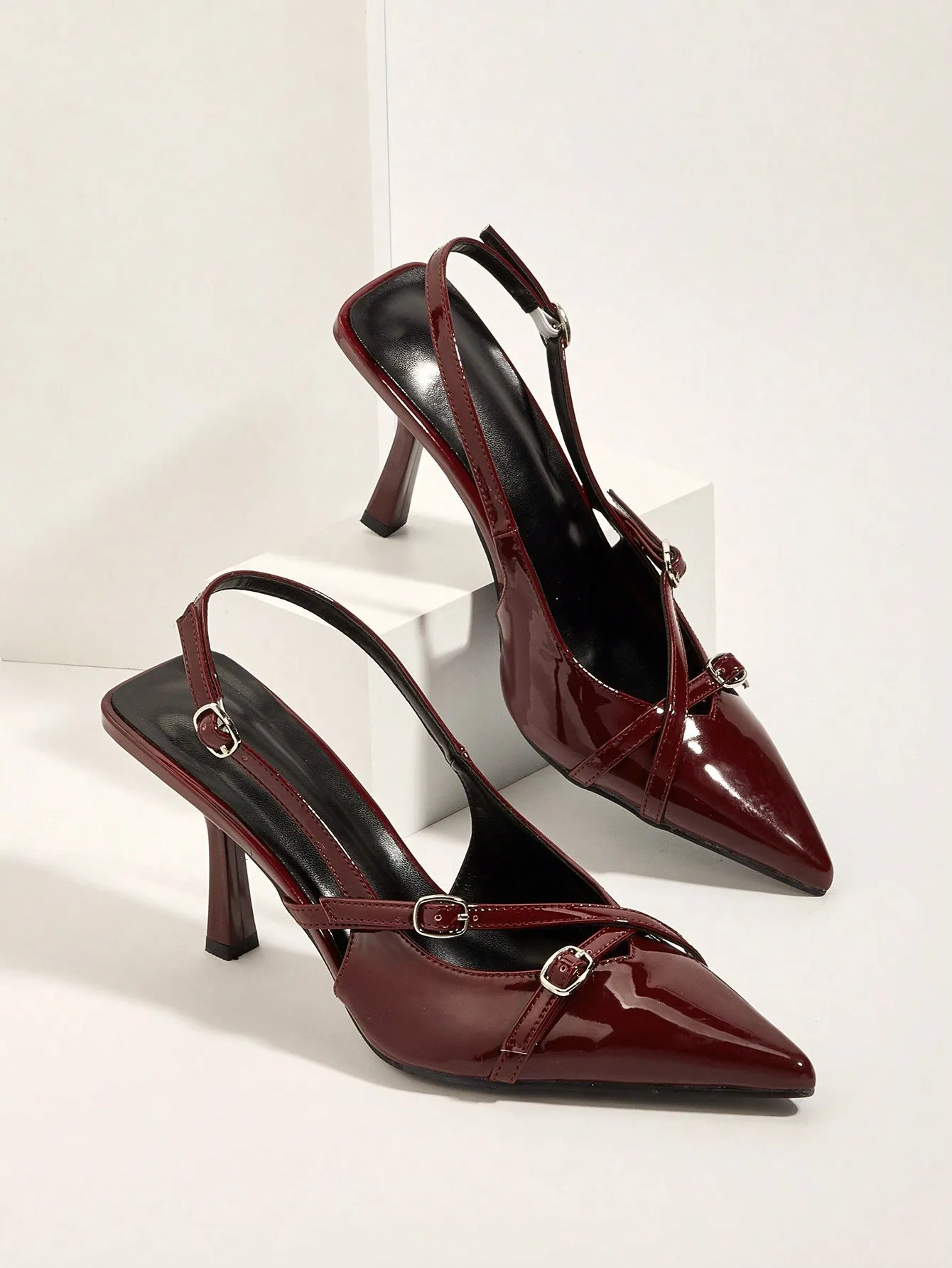 Burgundy Cross Strap Buckle Stiletto High Heel Sandals With Pointed Toe For Wedding Party