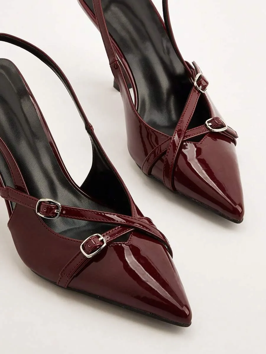 Burgundy Cross Strap Buckle Stiletto High Heel Sandals With Pointed Toe For Wedding Party
