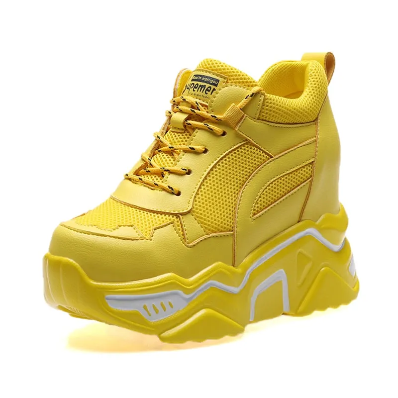 Casual Lace Up Thick Bottom Walking Shoes Non Slip Yellow Sneakers