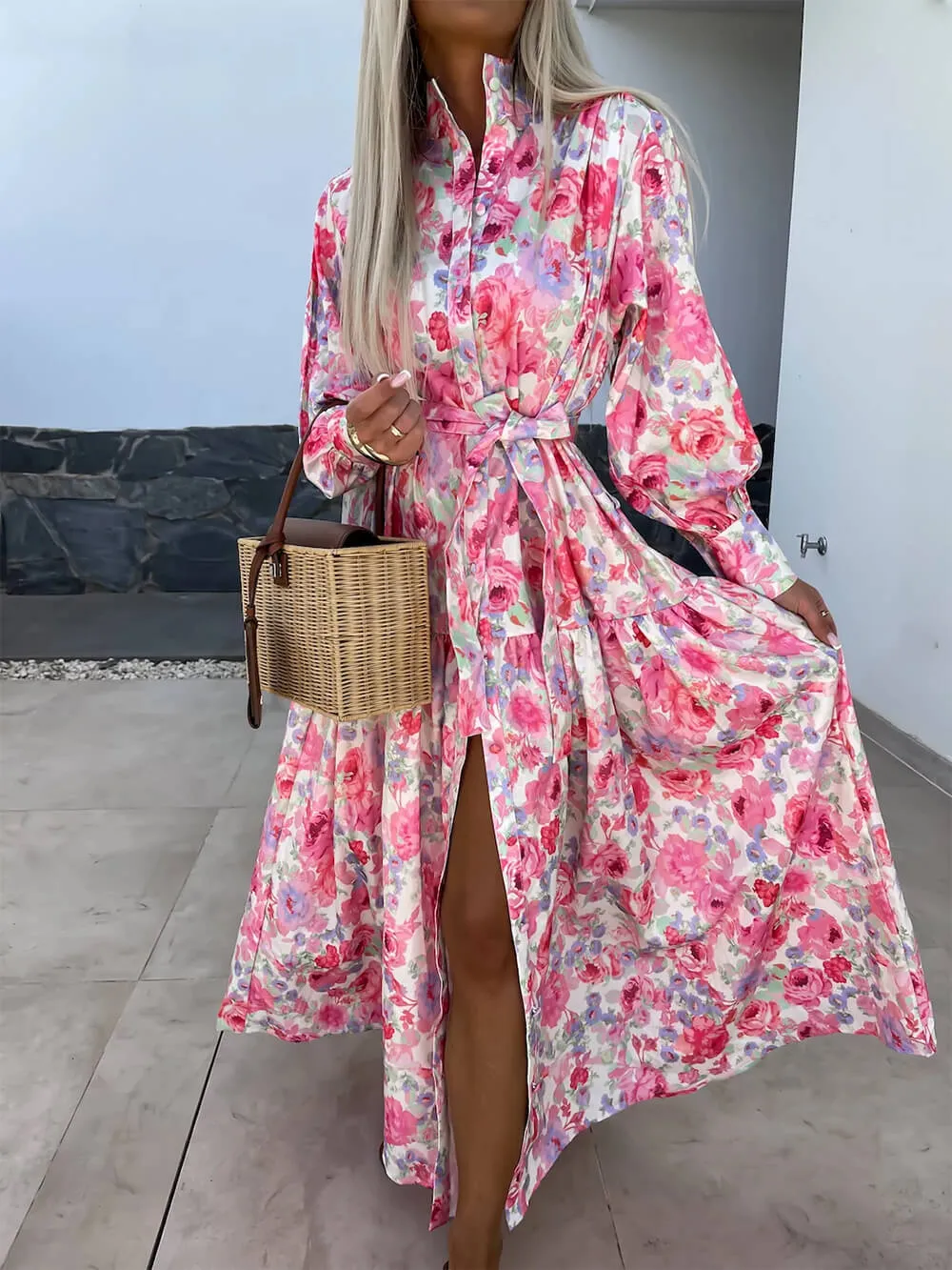 Charming Printed Shirt Buttons Graceful Plain Gold Floral Maxi Dress