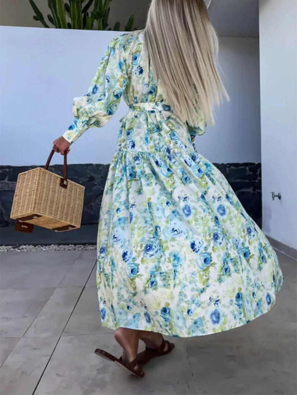 Charming Printed Shirt Buttons Graceful Plain Gold Floral Maxi Dress