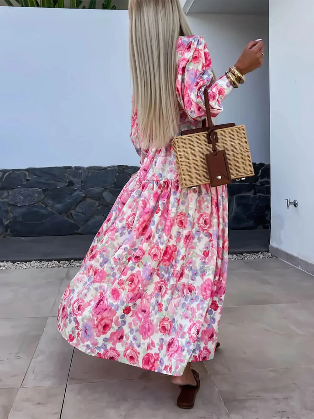 Charming Printed Shirt Buttons Graceful Plain Gold Floral Maxi Dress