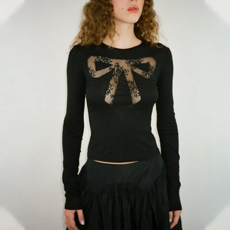 Christmas Square Neck Long Sleeve Lace Trim Slim Fit Crop Top