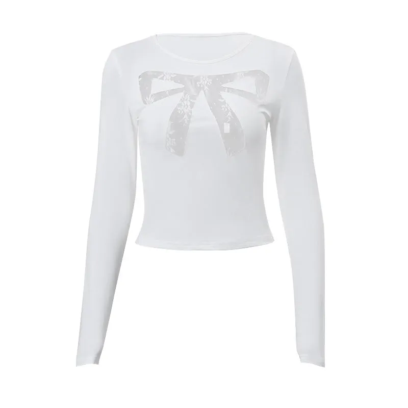 Christmas Square Neck Long Sleeve Lace Trim Slim Fit Crop Top
