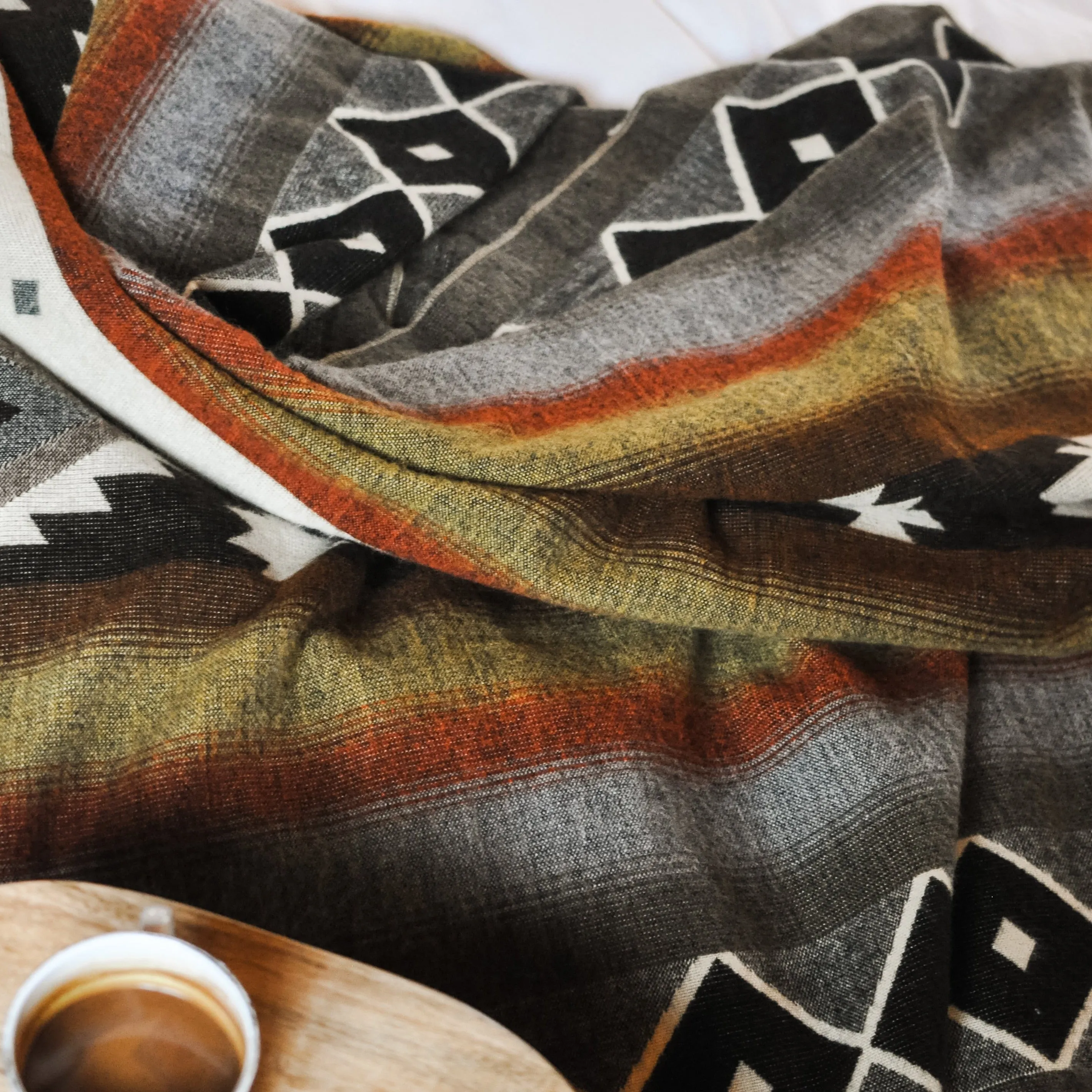 Cotacachi Aztec Reversible Blanket  //  Beige/Grey/Rust/Mustard