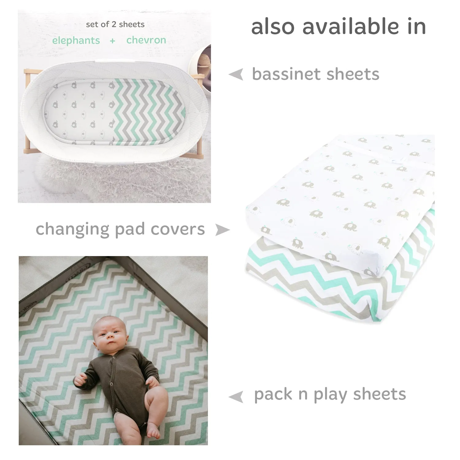 Cotton Jersey Fitted Playard Sheets, 2 Pack – Elephants & Chevron