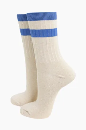 Cream and Denim Blue Stripe Crew Socks