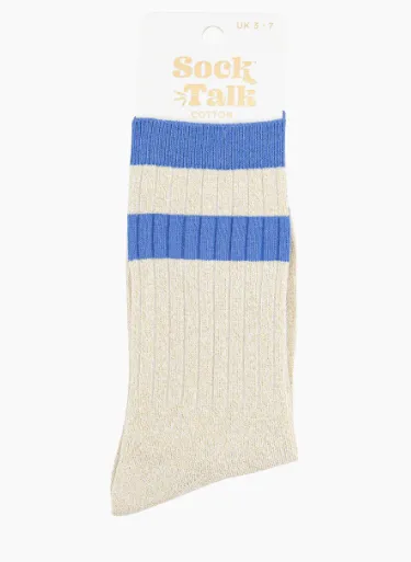 Cream and Denim Blue Stripe Crew Socks