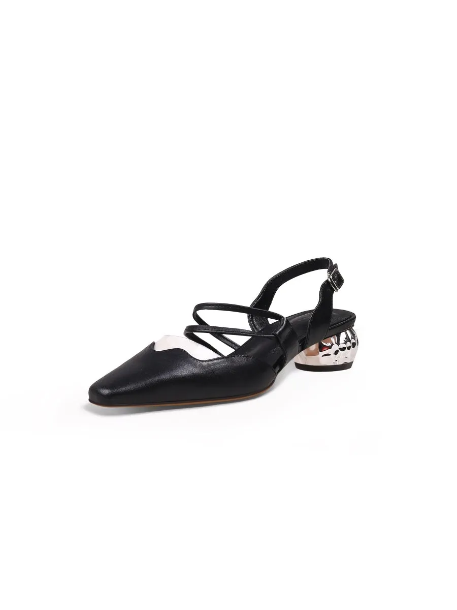 Double Strap-Detail Low Heel Point Toeleather D'Orsay Pumps Sandal - Black