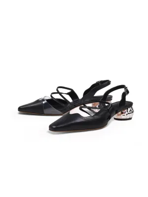 Double Strap-Detail Low Heel Point Toeleather D'Orsay Pumps Sandal - Black