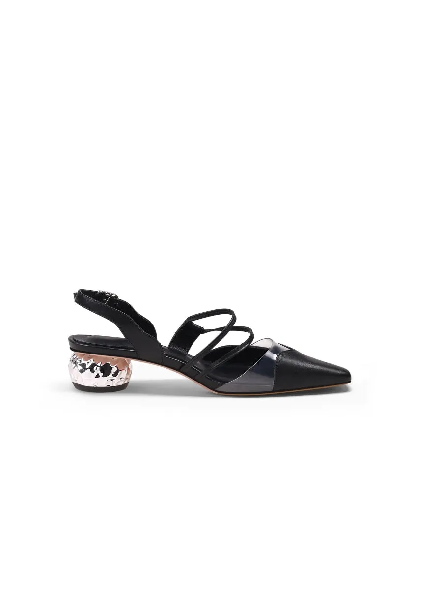 Double Strap-Detail Low Heel Point Toeleather D'Orsay Pumps Sandal - Black