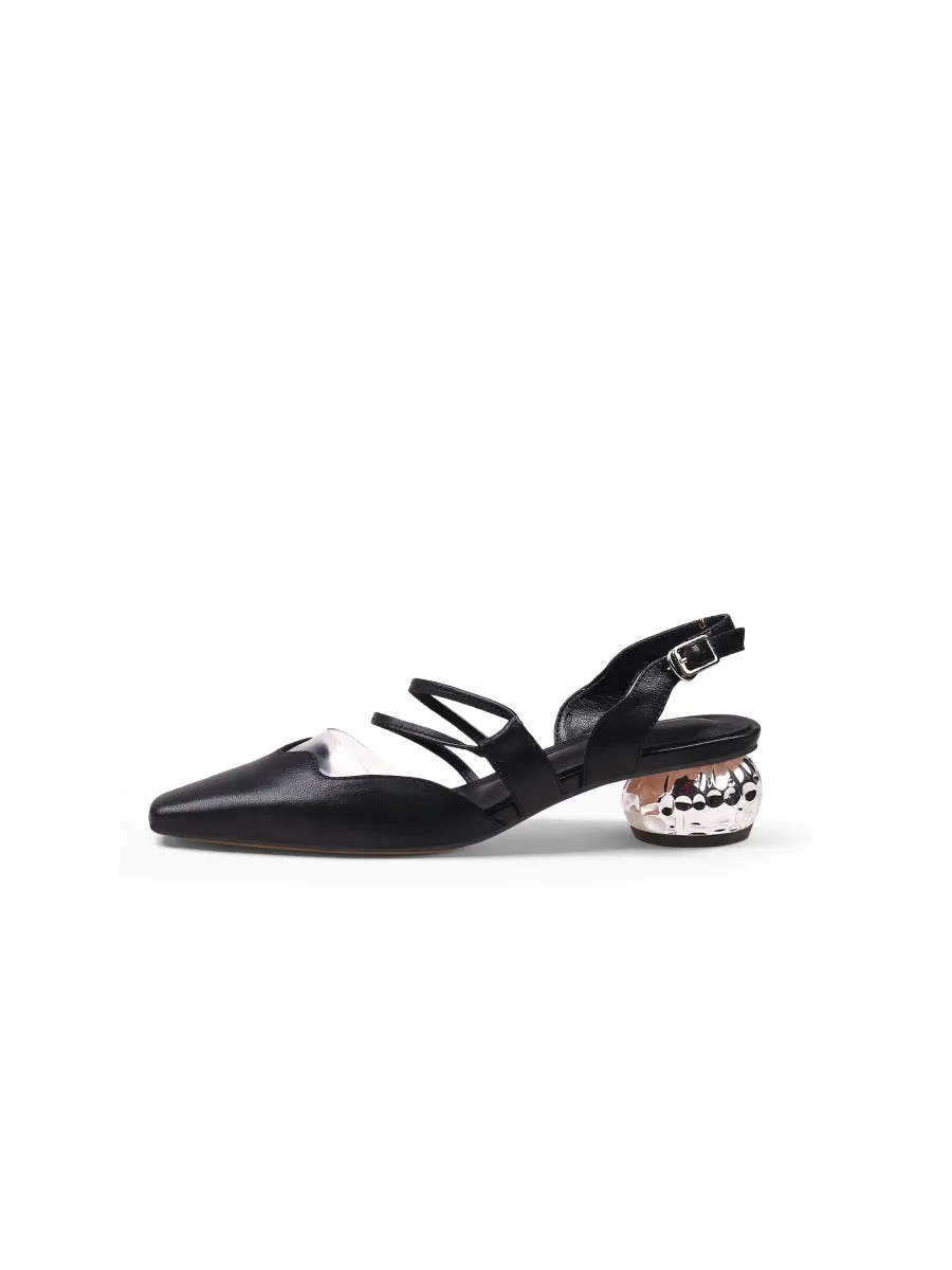 Double Strap-Detail Low Heel Point Toeleather D'Orsay Pumps Sandal - Black