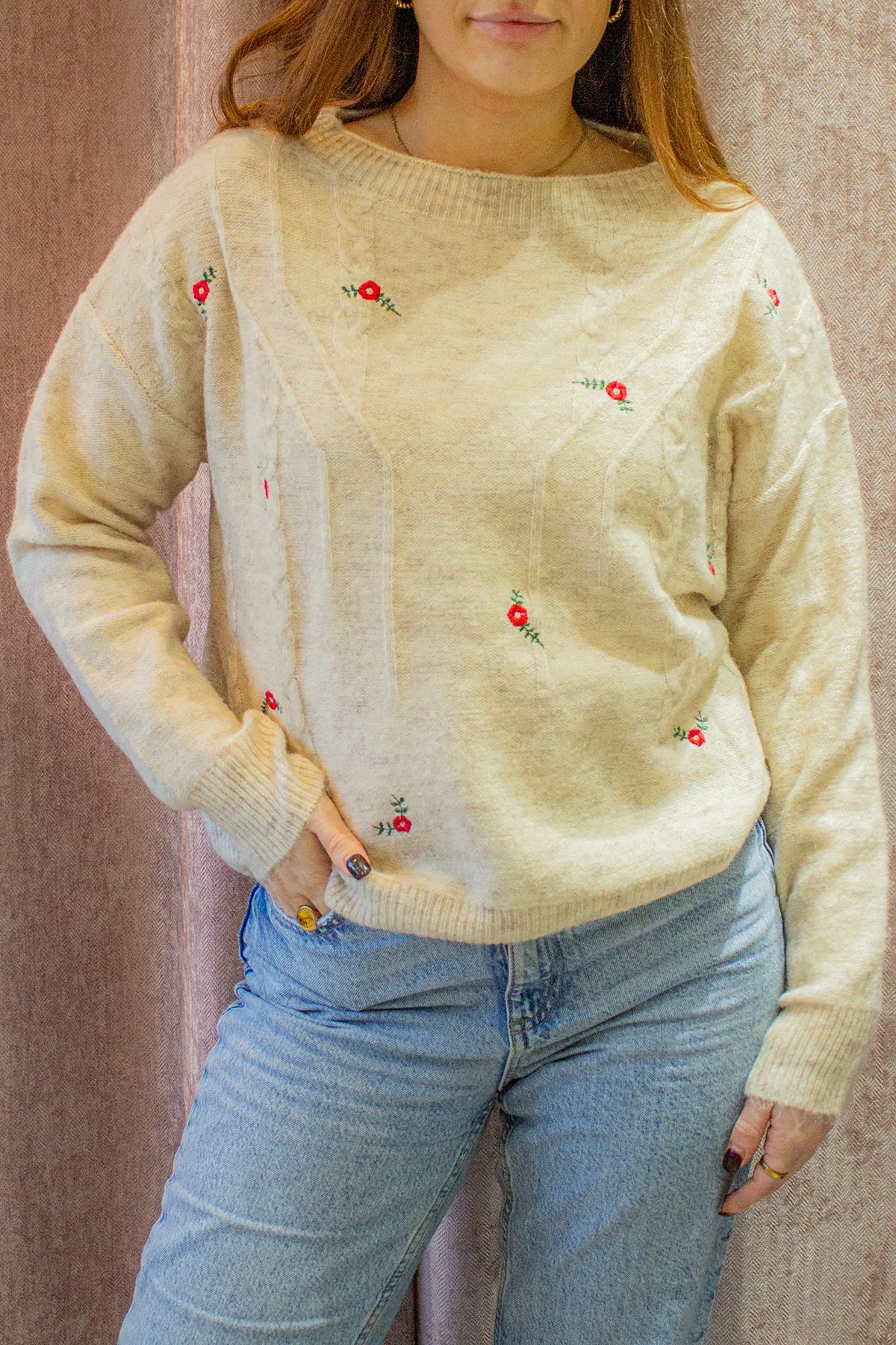Embroidered Cross Stitch Crew Neck Jumper