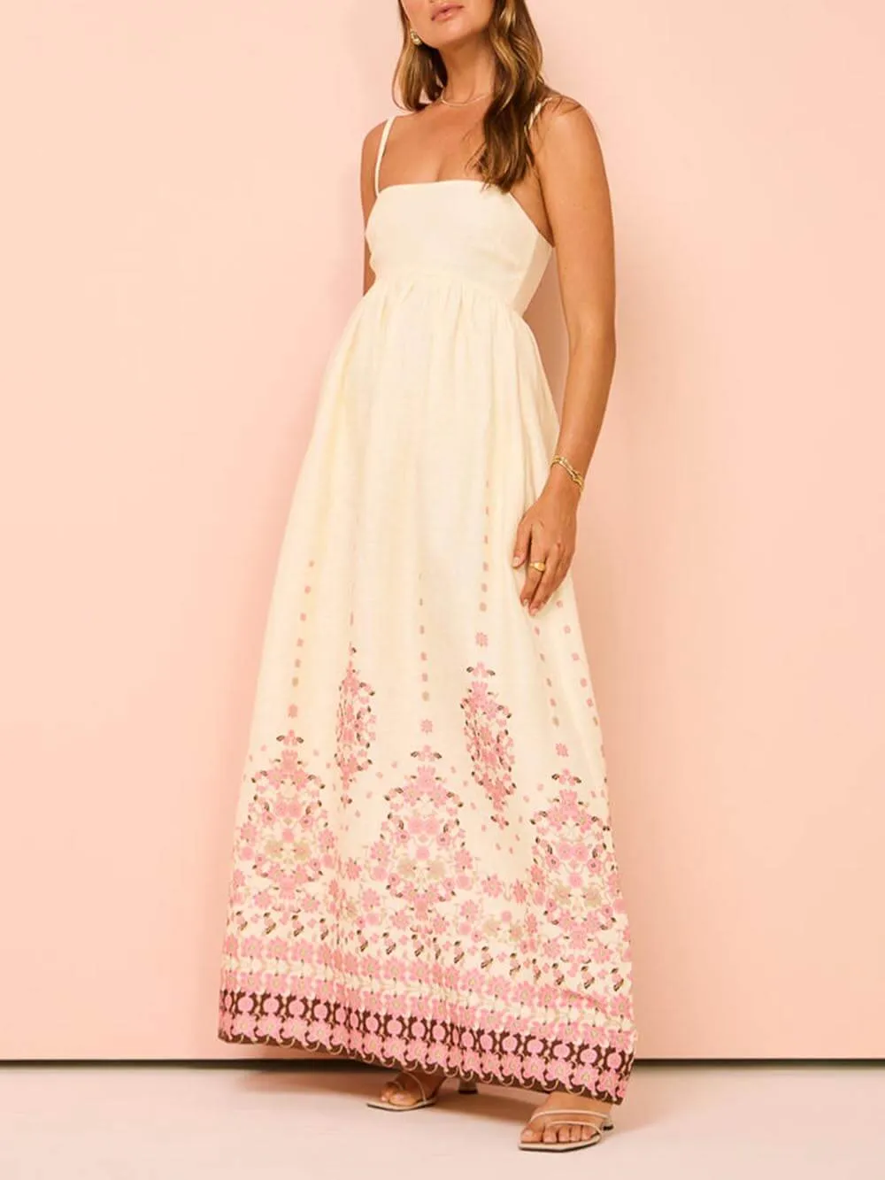 Ethnic Print Halter Charming Cream Extra Maxi Dress