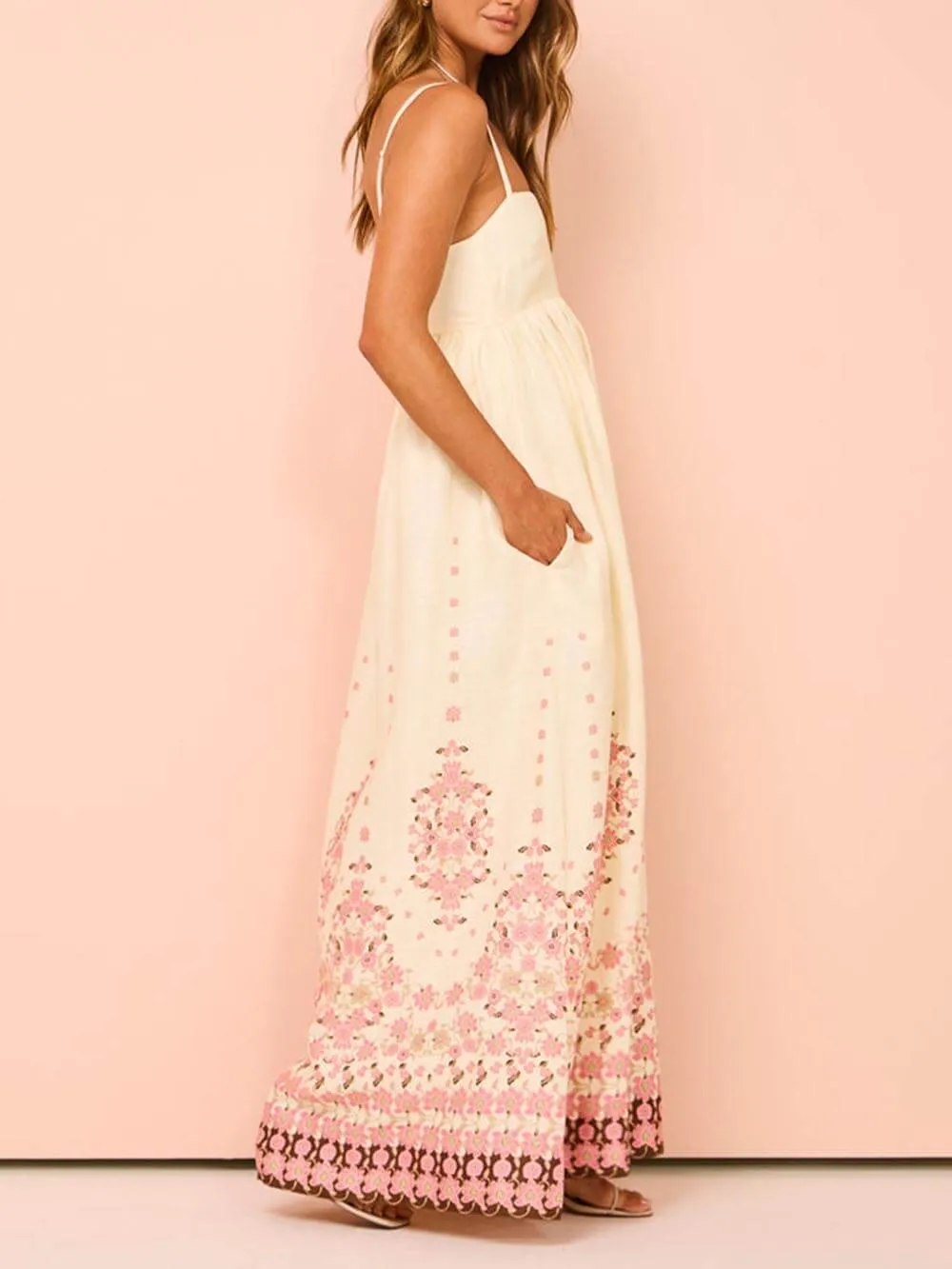 Ethnic Print Halter Charming Cream Extra Maxi Dress