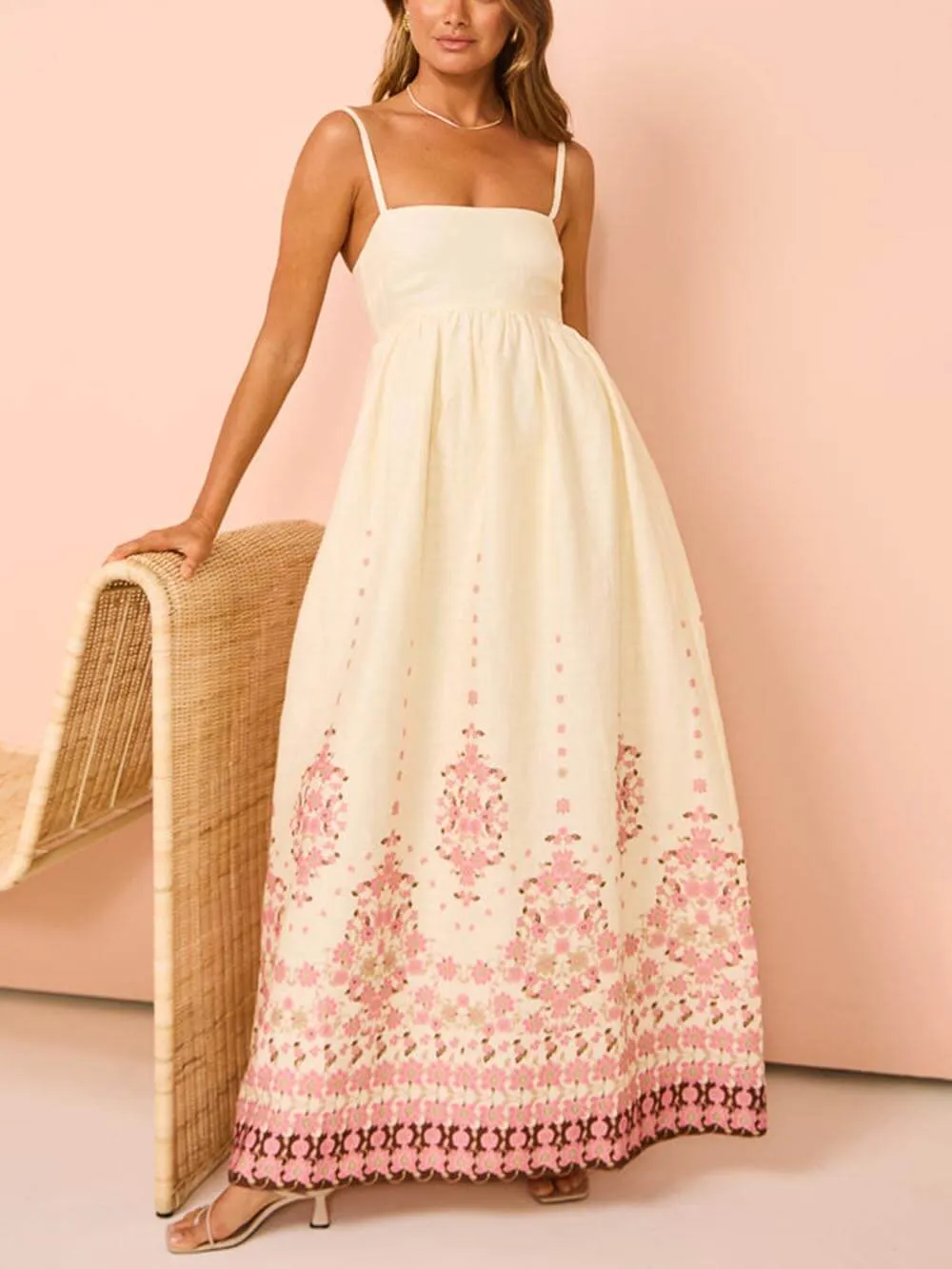 Ethnic Print Halter Charming Cream Extra Maxi Dress