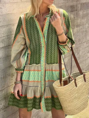 Ethnic Print Three-quarter Charming Sleeve Mini Dress