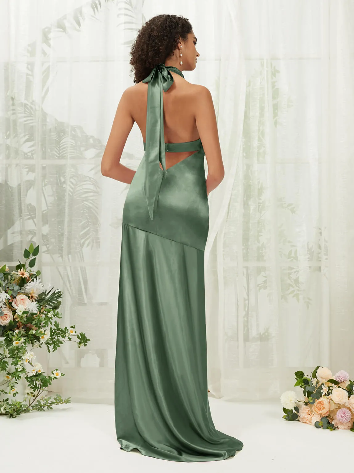 Eucalyptus Satin Halter Neck Sleeveless Maxi Bridesmaid Dress With Slit