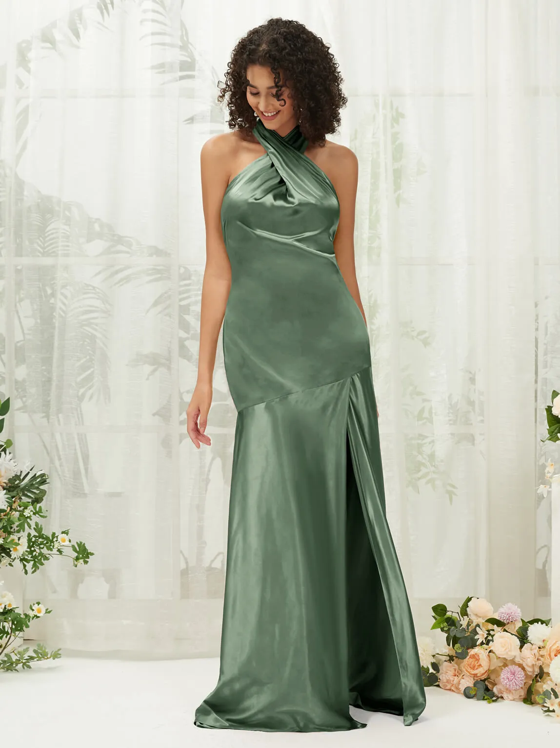Eucalyptus Satin Halter Neck Sleeveless Maxi Bridesmaid Dress With Slit