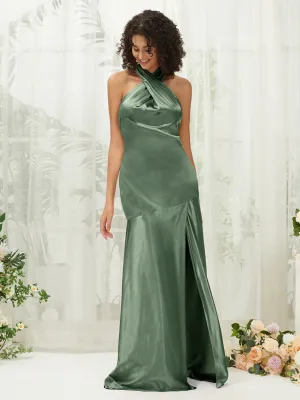 Eucalyptus Satin Halter Neck Sleeveless Maxi Bridesmaid Dress With Slit