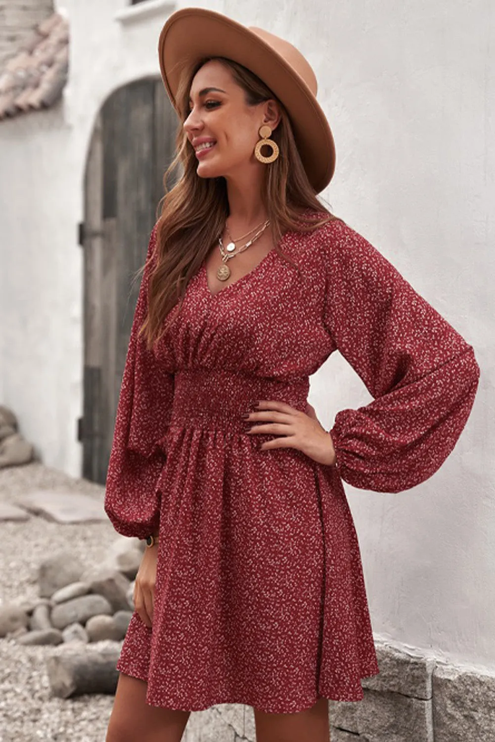 Fiery Red V Neck Balloon Sleeve Smocked Waist Printed Mini Dress