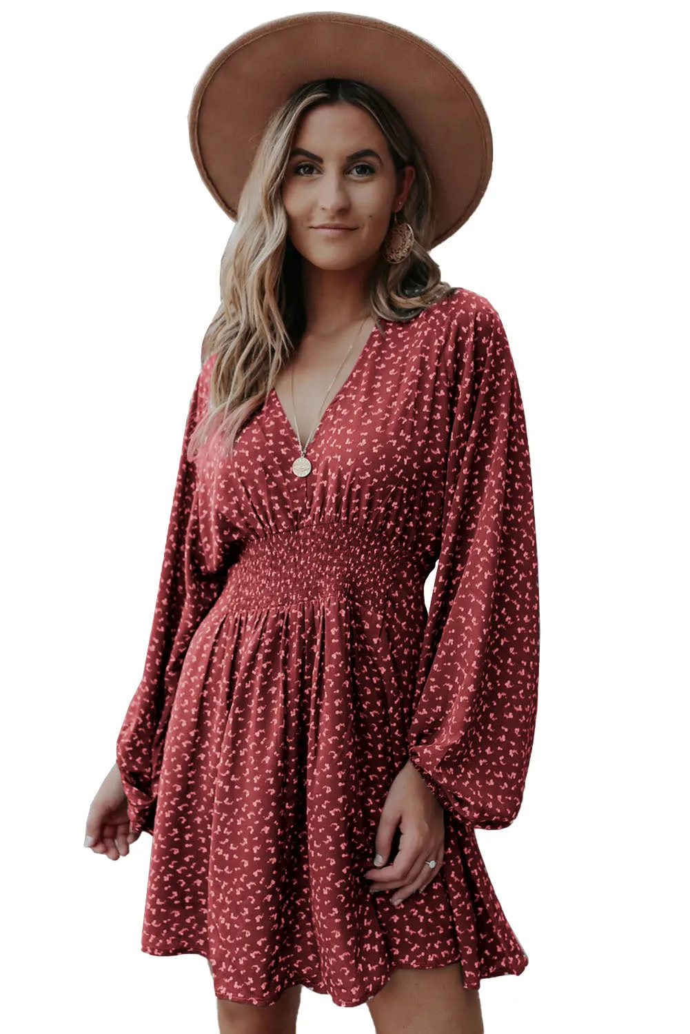 Fiery Red V Neck Balloon Sleeve Smocked Waist Printed Mini Dress