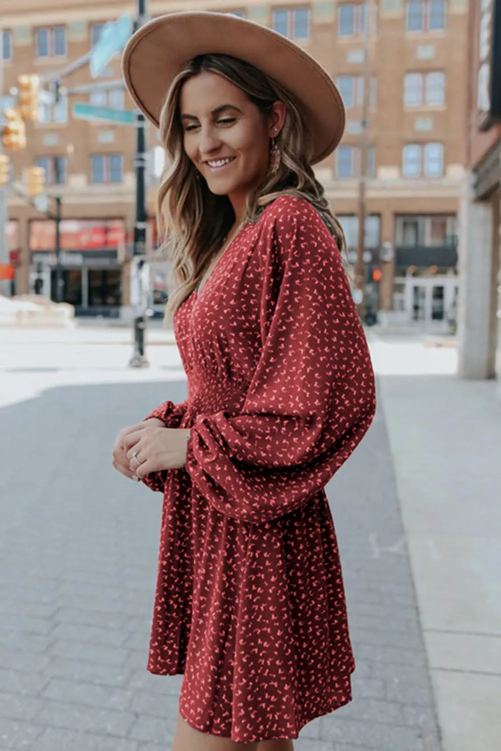 Fiery Red V Neck Balloon Sleeve Smocked Waist Printed Mini Dress