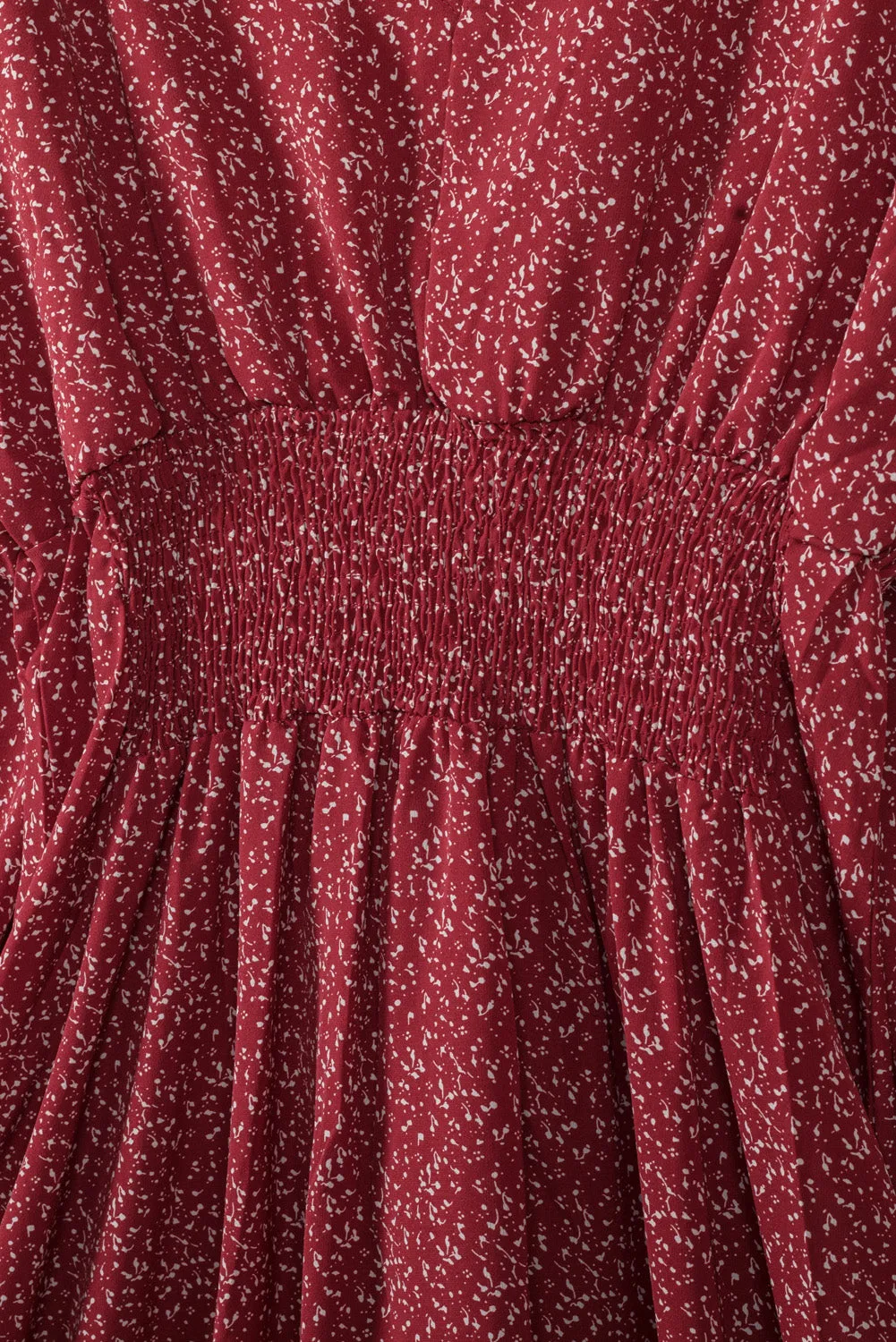 Fiery Red V Neck Balloon Sleeve Smocked Waist Printed Mini Dress
