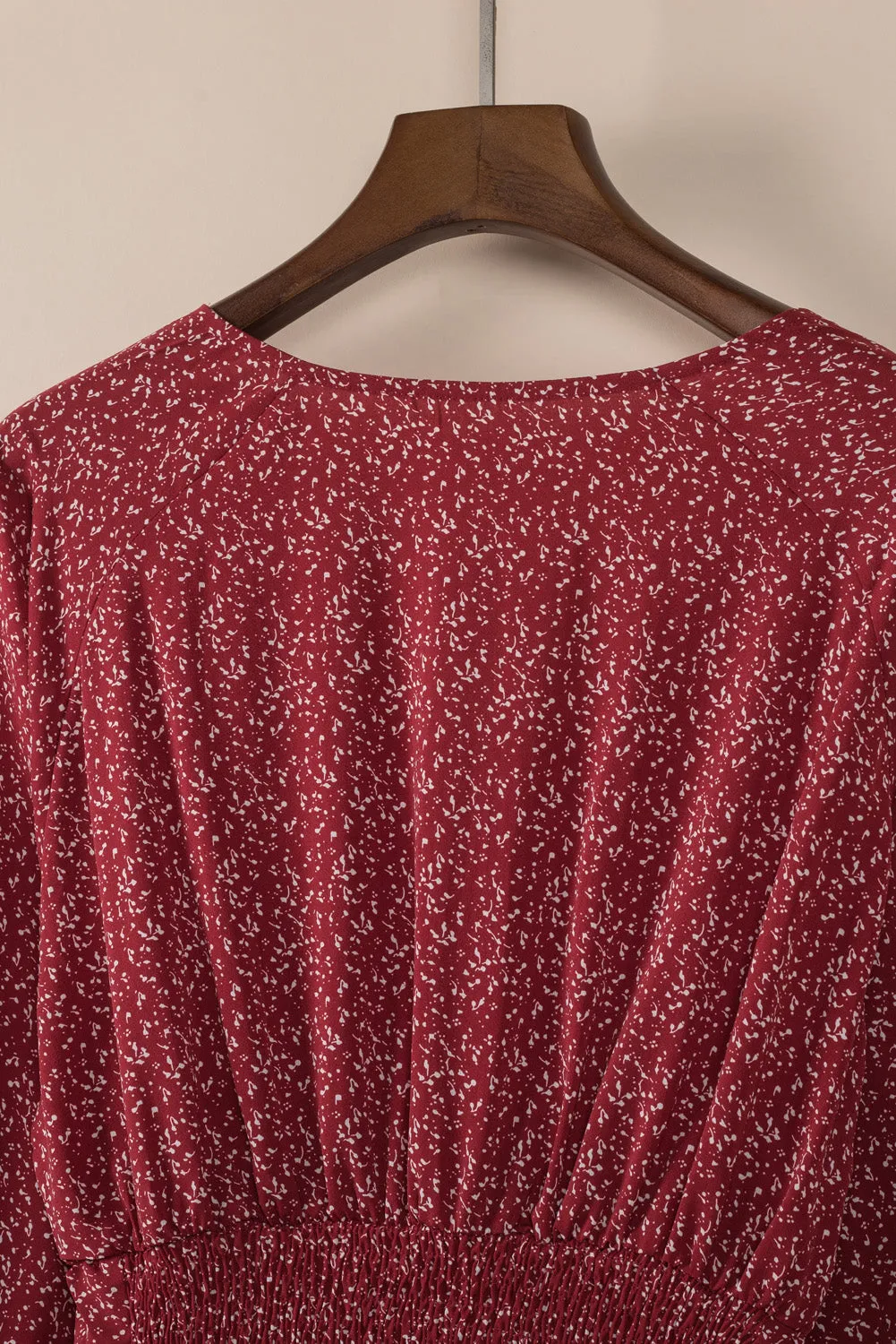 Fiery Red V Neck Balloon Sleeve Smocked Waist Printed Mini Dress