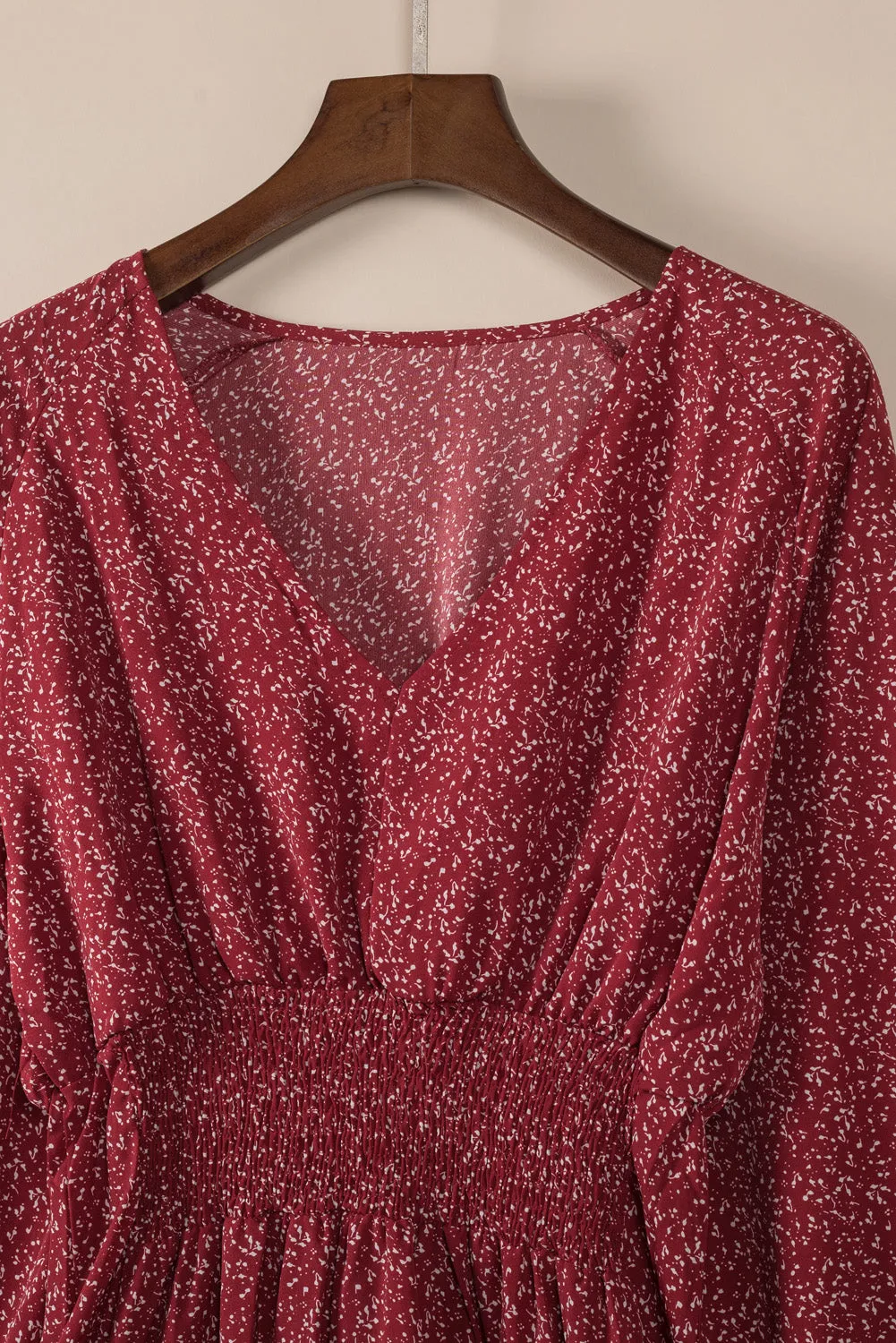 Fiery Red V Neck Balloon Sleeve Smocked Waist Printed Mini Dress
