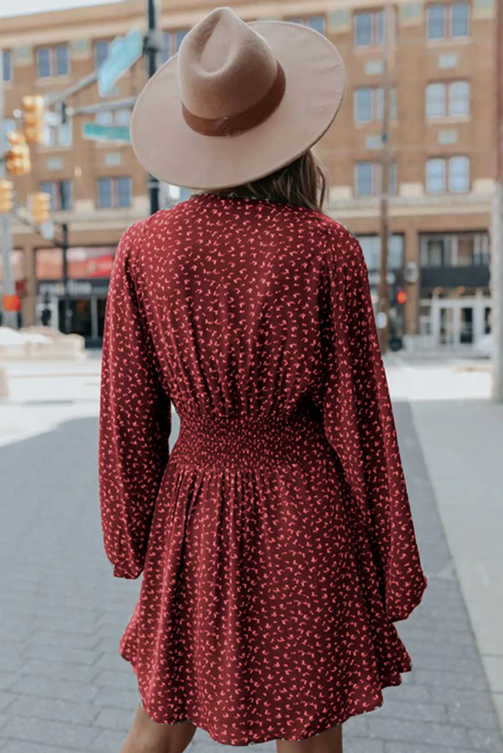 Fiery Red V Neck Balloon Sleeve Smocked Waist Printed Mini Dress