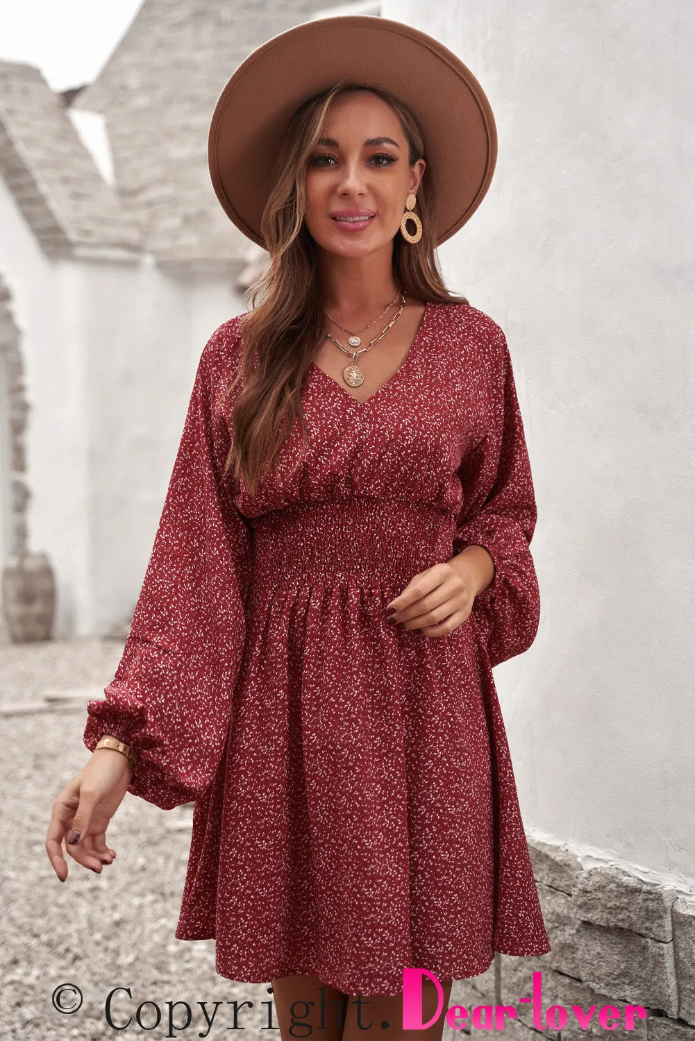 Fiery Red V Neck Balloon Sleeve Smocked Waist Printed Mini Dress