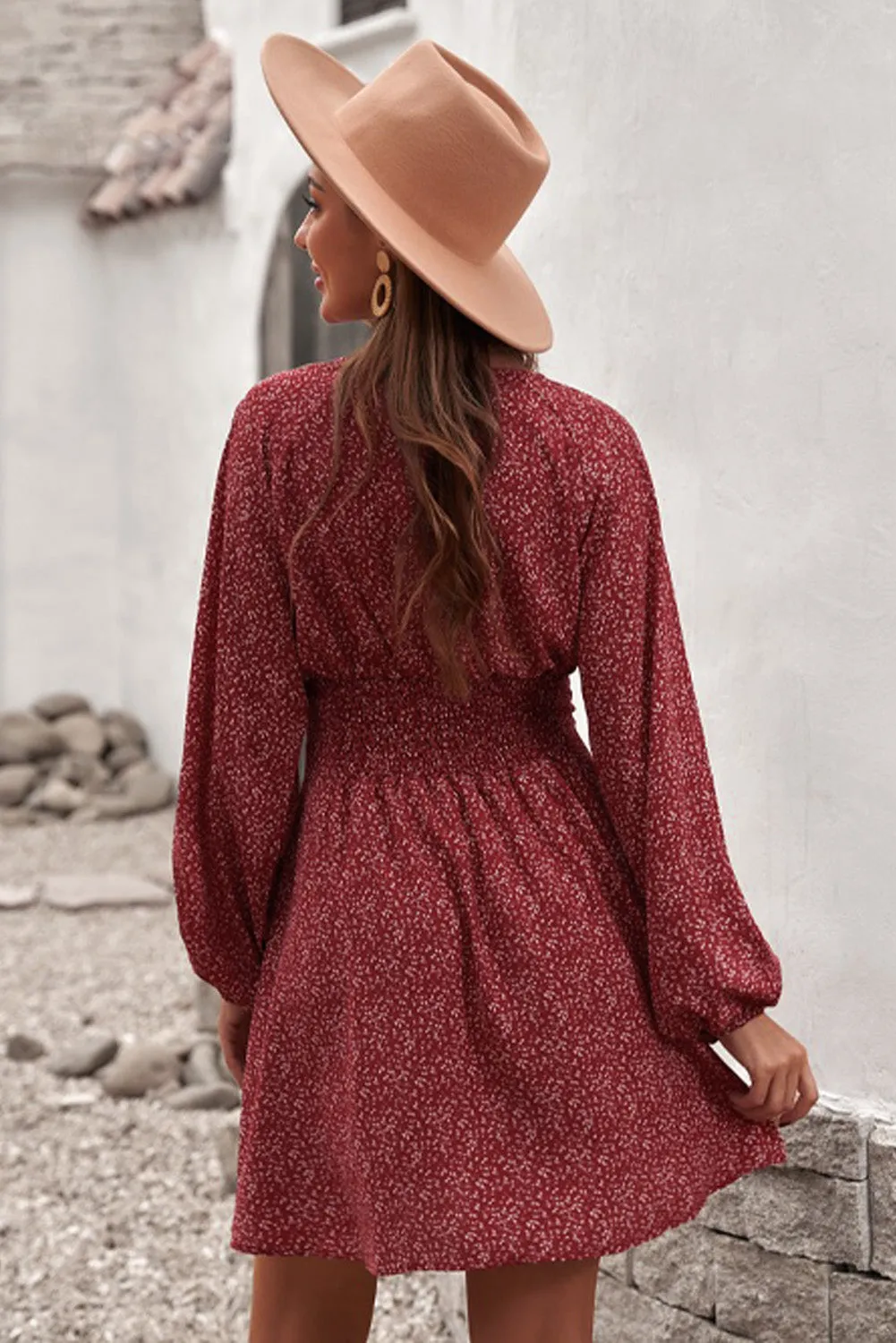Fiery Red V Neck Balloon Sleeve Smocked Waist Printed Mini Dress