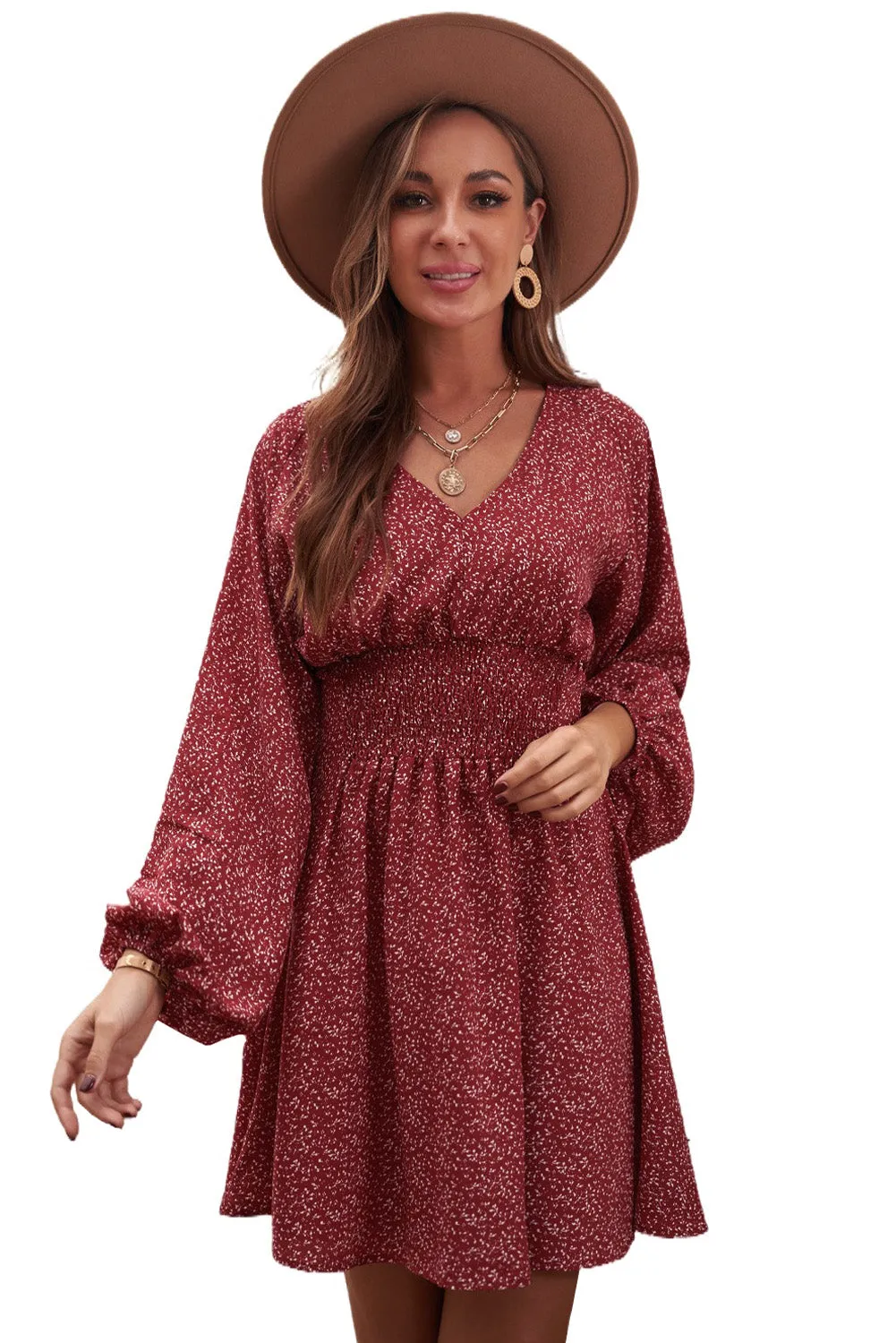 Fiery Red V Neck Balloon Sleeve Smocked Waist Printed Mini Dress