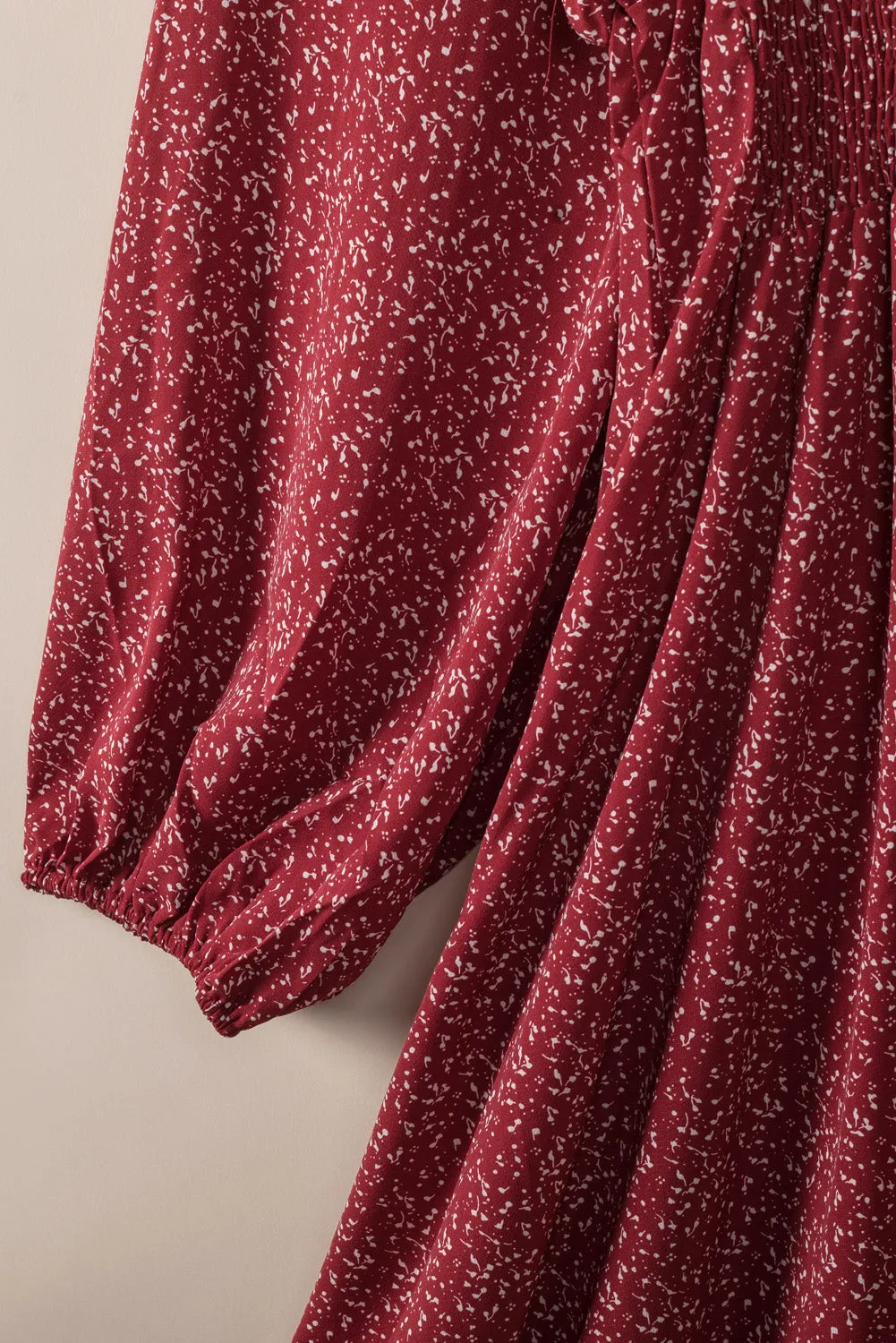 Fiery Red V Neck Balloon Sleeve Smocked Waist Printed Mini Dress